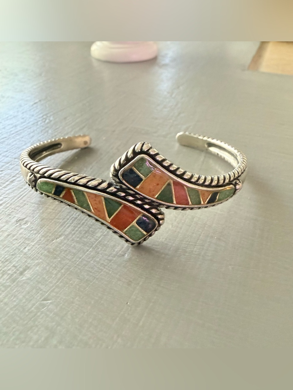 Carolyn Pollock 925 Sterling Silver Multicolor Inlay Cuff Bracelet
